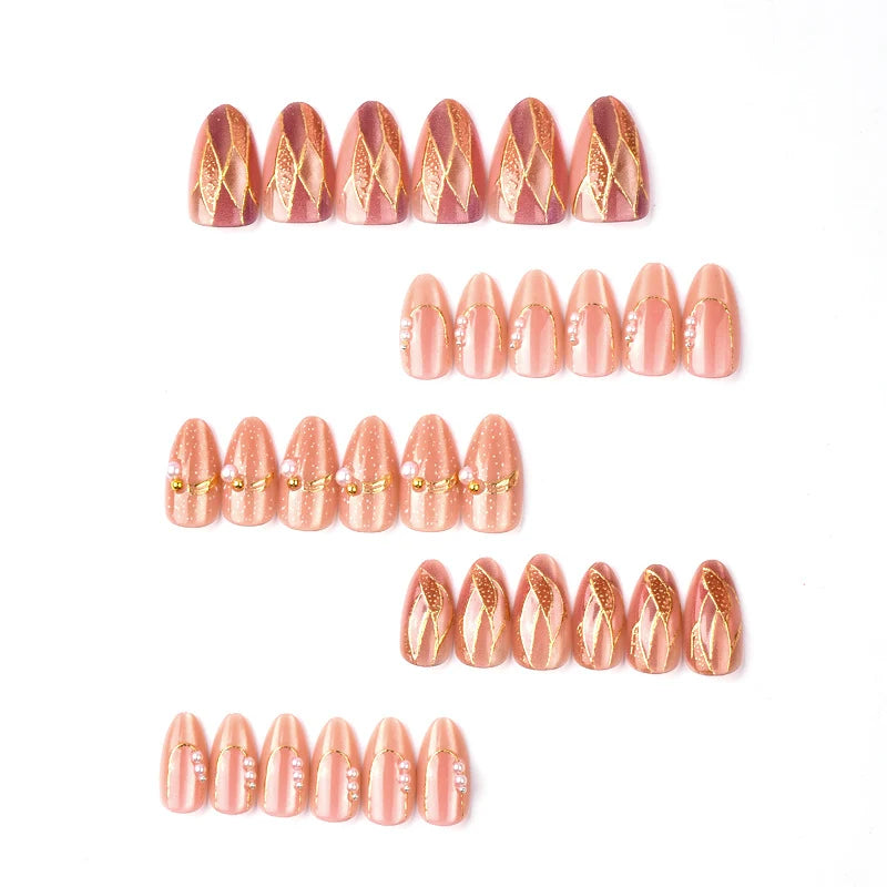 Press-On Nail Set Gold & Pearl Embellished Reusable