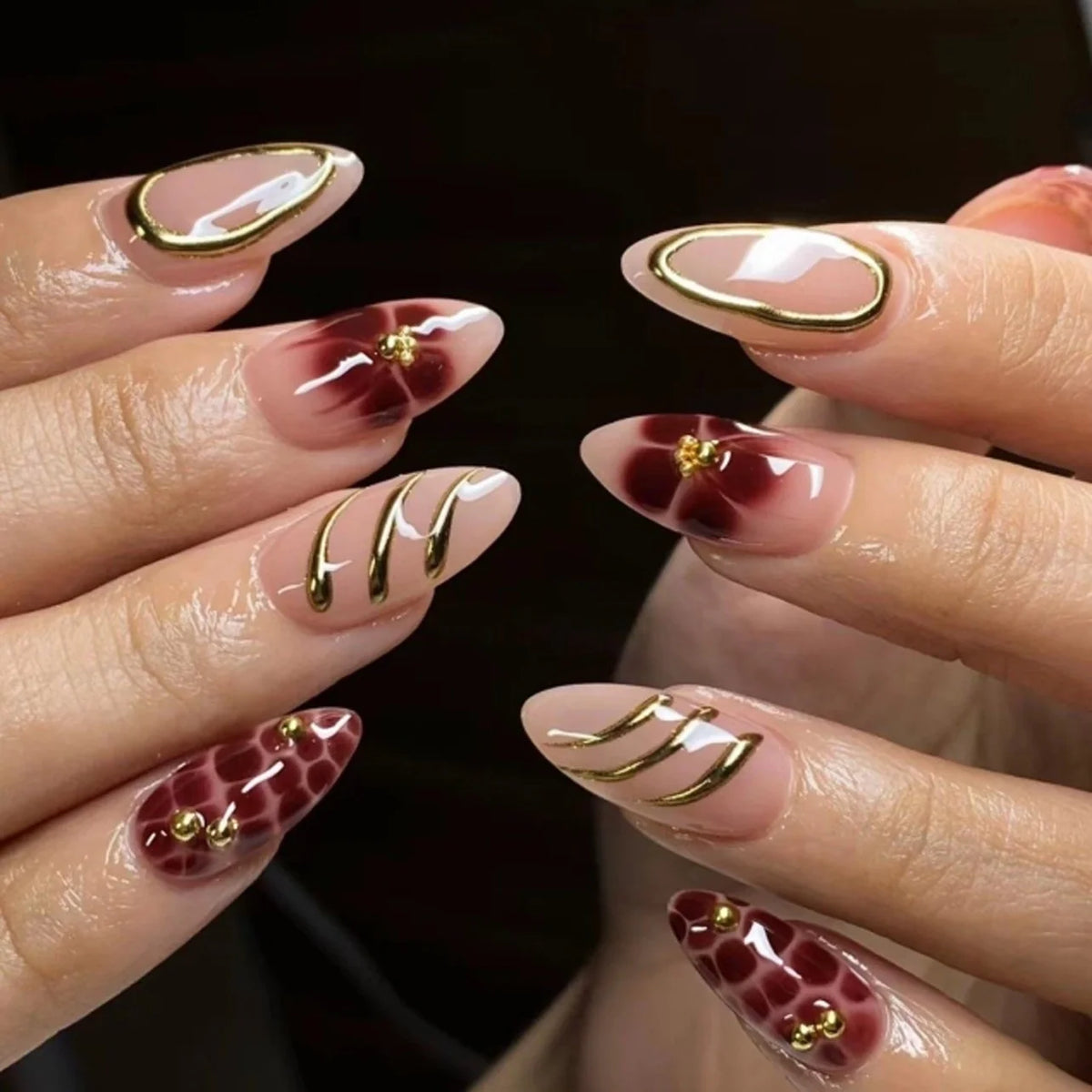 Press-On Nail Set Gold Rhinestone Accents & Easy Application
