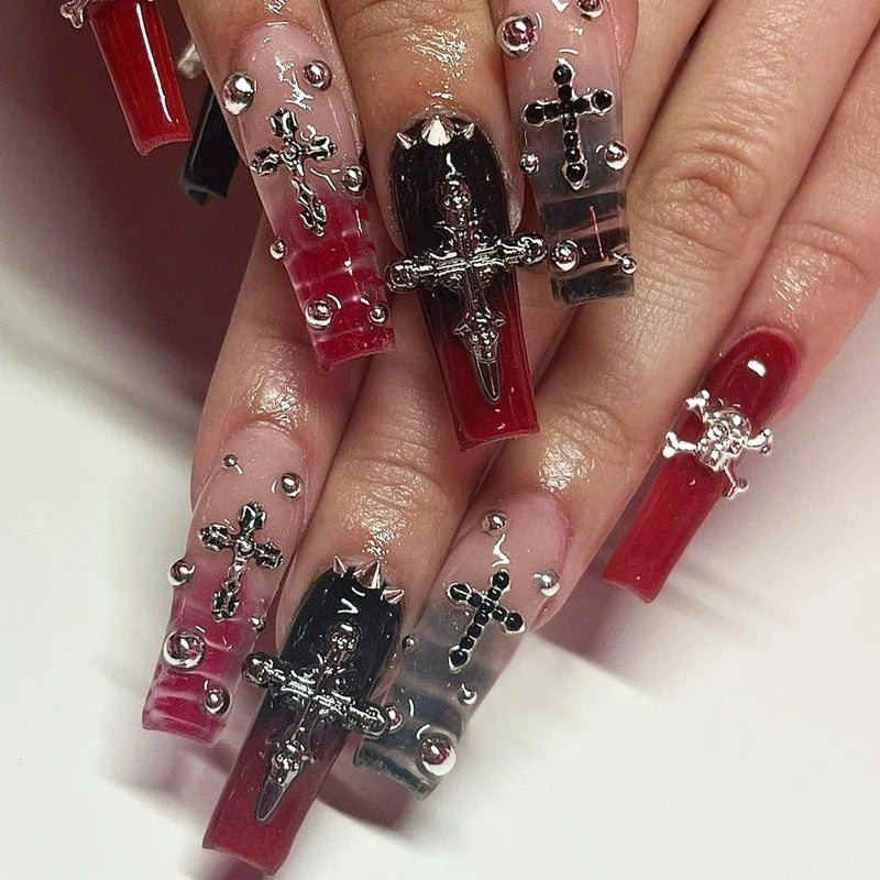 Press-On Nail Set Gothic Cross & Gradient Easy Apply