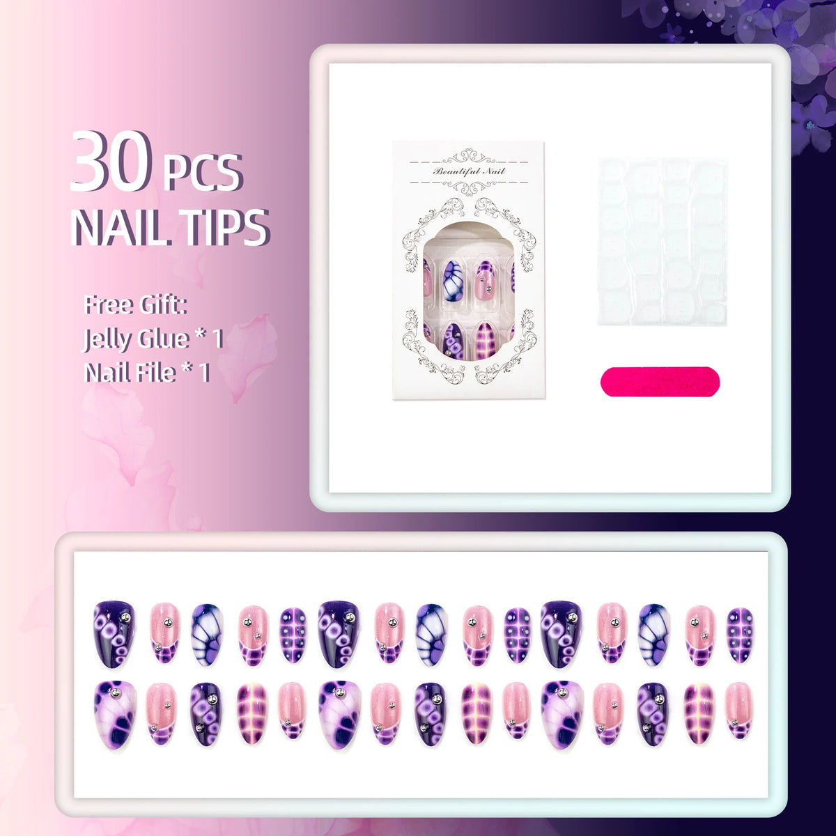 Press-On Nail Set Gradient Ombre Embellished Easy Apply