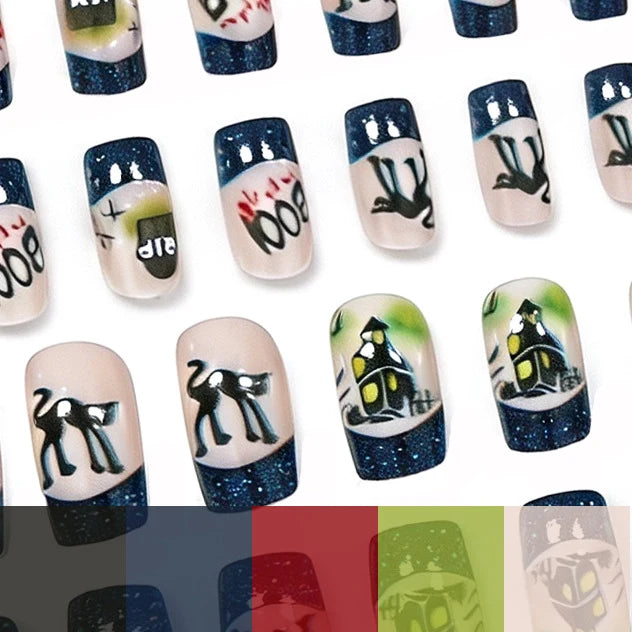 Press-On Nail Set Gray Floral & Glitter 24 Pieces