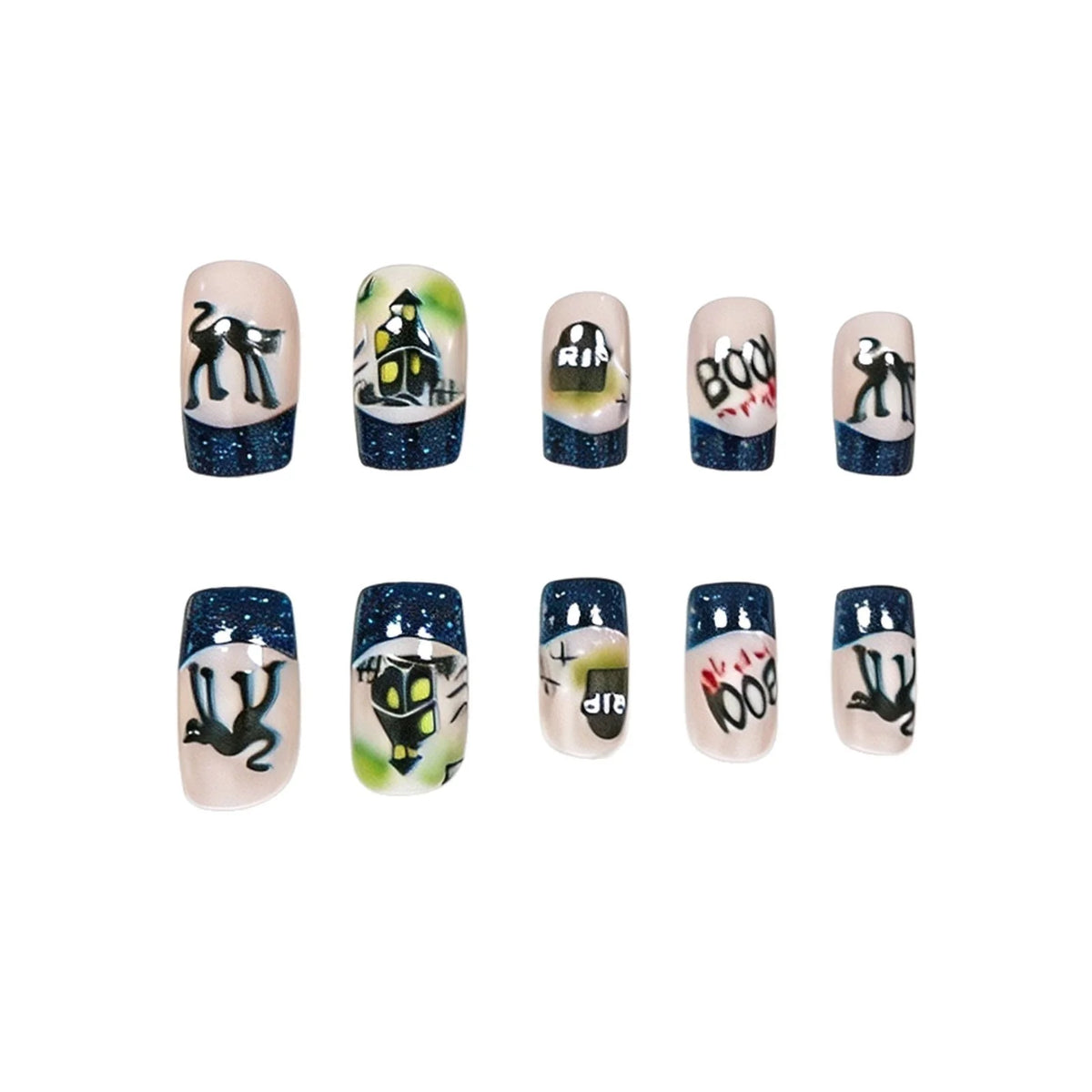 Press-On Nail Set Gray Floral & Glitter 24 Pieces