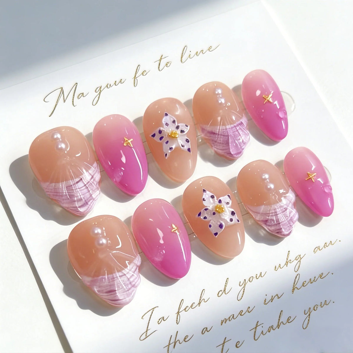 Press-On Nail Set Gray Floral & Star Easy Application