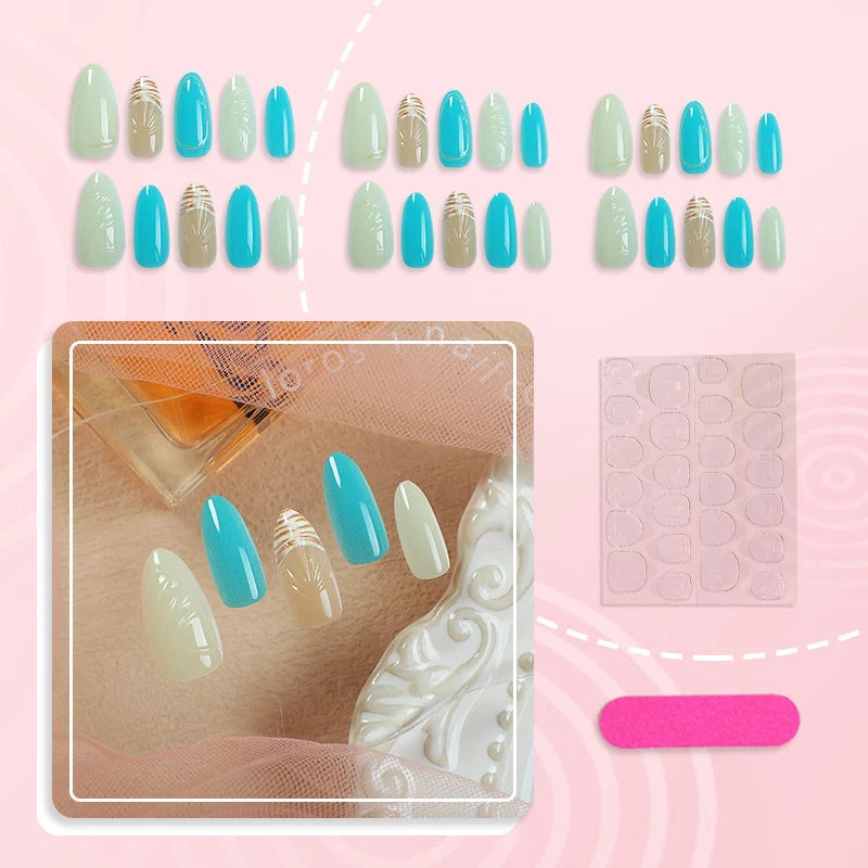 Press-On Nail Set Green & Turquoise Glossy Finish