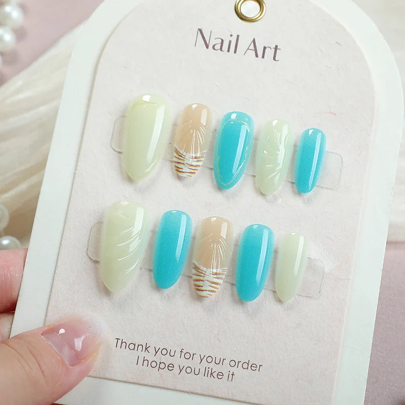Press-On Nail Set Green & Turquoise Glossy Finish