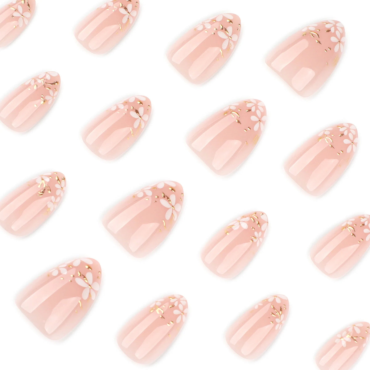 Press-On Nail Set Hand-Drawn Floral Gold Accents Glossy Finish