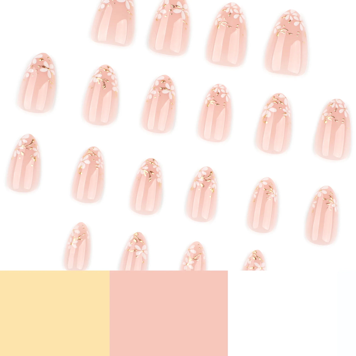 Press-On Nail Set Hand-Drawn Floral Gold Accents Glossy Finish