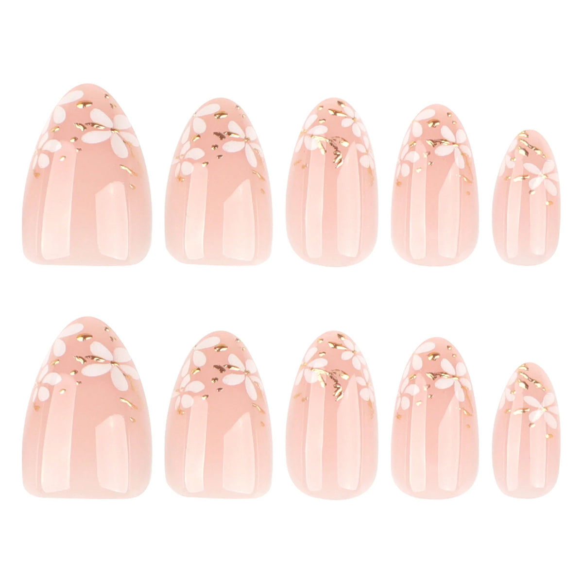 Press-On Nail Set Hand-Drawn Floral Gold Accents Glossy Finish