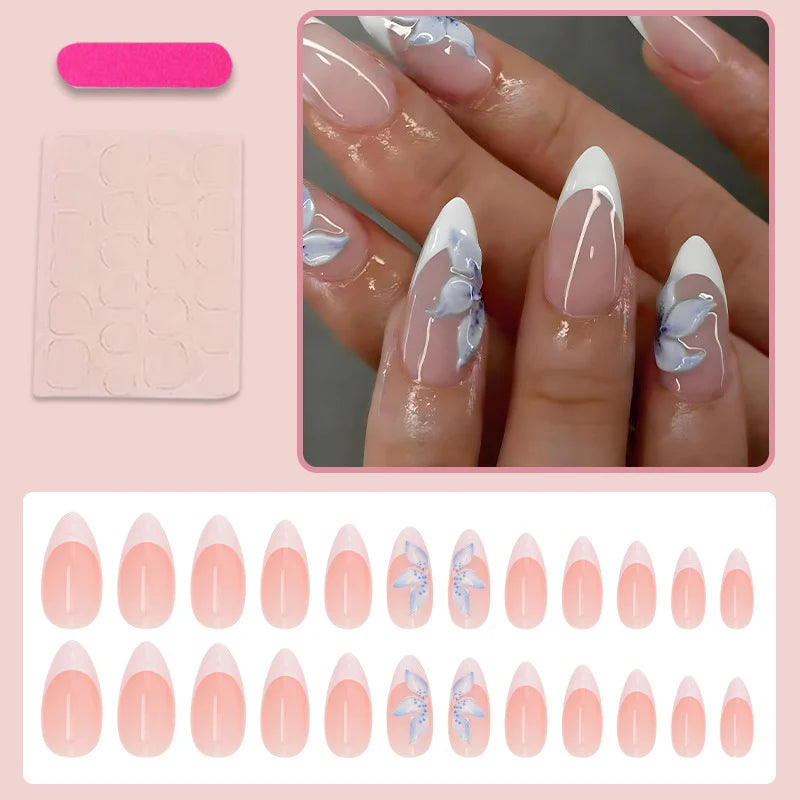 Press-On Nail Set Hand-Painted Blue Floral Self-Adhesive 24-Piece