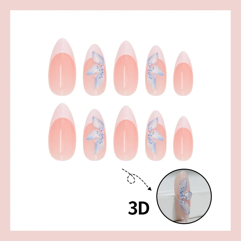 Press-On Nail Set Hand-Painted Blue Floral Self-Adhesive 24-Piece