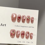 Press-On Nail Set Hand-Painted Cherry Blossom & Shimmer Accents