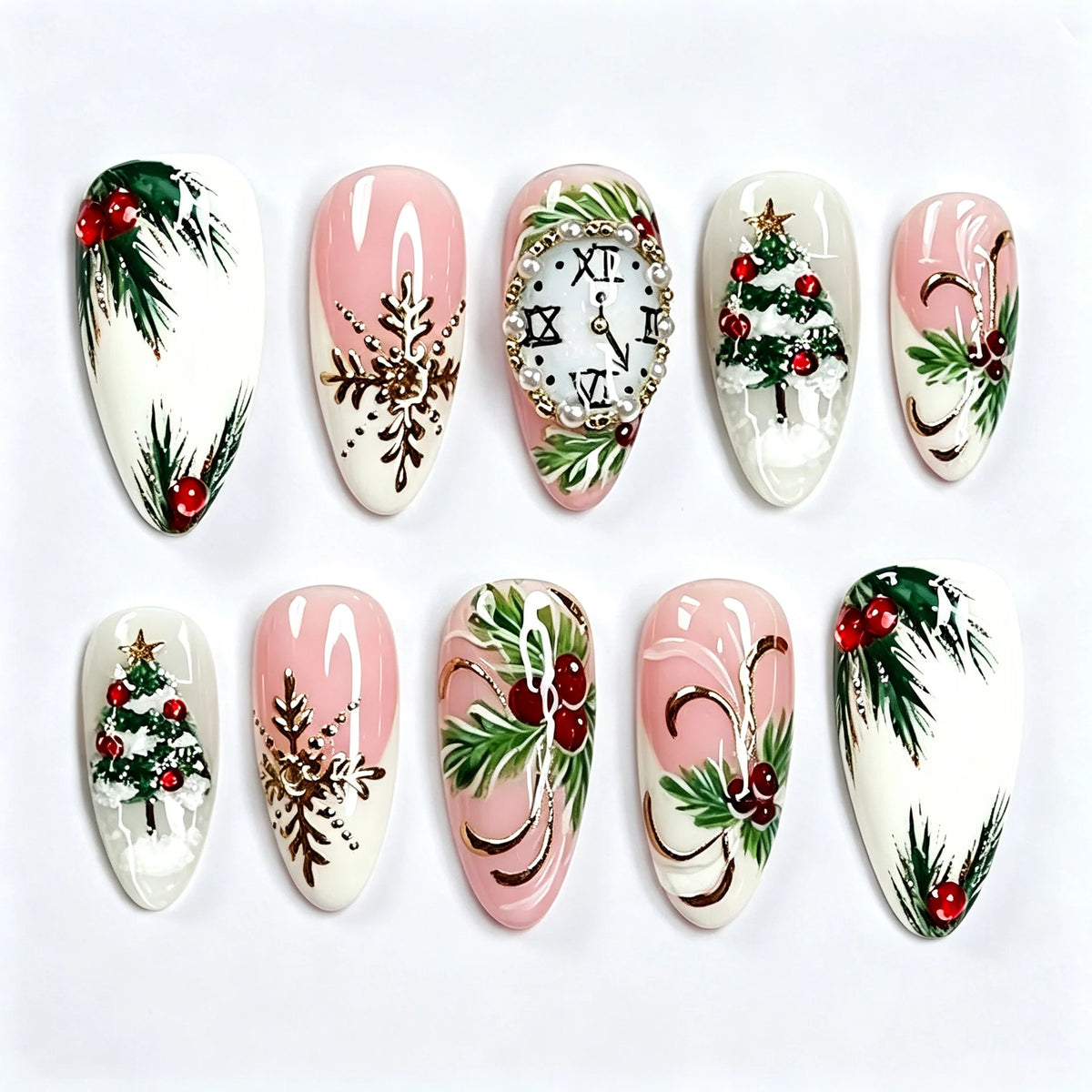 Press-On Nail Set Hand-Painted Christmas Designs & Easy-Apply Kit