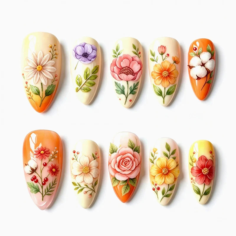 Press-On Nail Set Hand-Painted Floral Acrylic Comfortable Fit