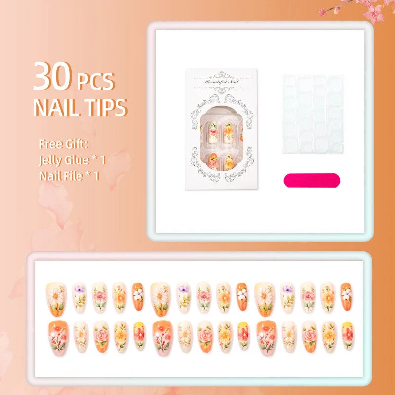 Press-On Nail Set Hand-Painted Floral Acrylic Comfortable Fit