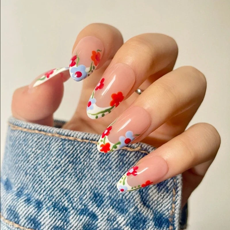 Press-On Nail Set Hand-Painted Floral Designs No Glue