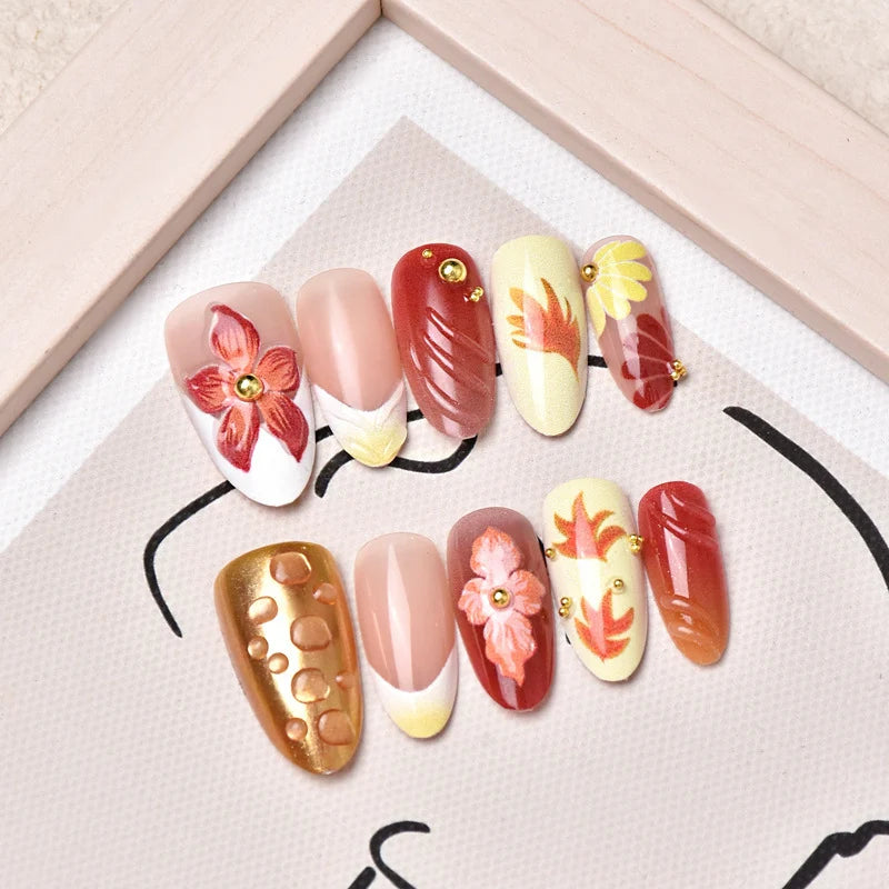 Press-On Nail Set Hand-Painted Floral Easy Application