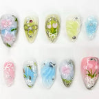 Press-On Nail Set Hand-Painted Floral & Gem Art