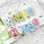 Press-On Nail Set Hand-Painted Floral & Gem Art