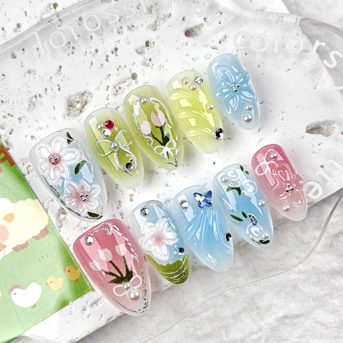 Press-On Nail Set Hand-Painted Floral & Gem Art