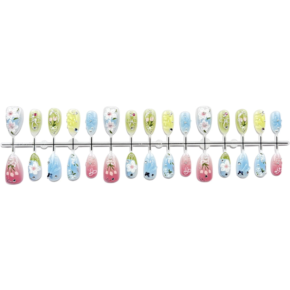Press-On Nail Set Hand-Painted Floral & Gem Art