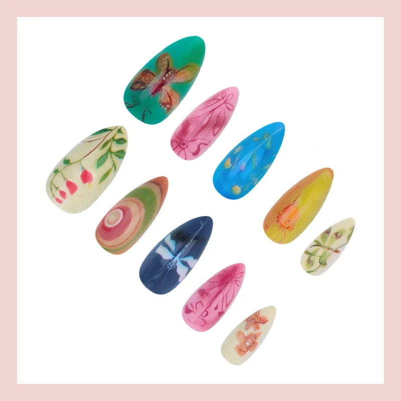 Press-On Nail Set Hand-Painted Floral & Geometric 24-Piece