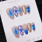Press-On Nail Set Hand-Painted Floral Glue-Free 24-Piece Blue