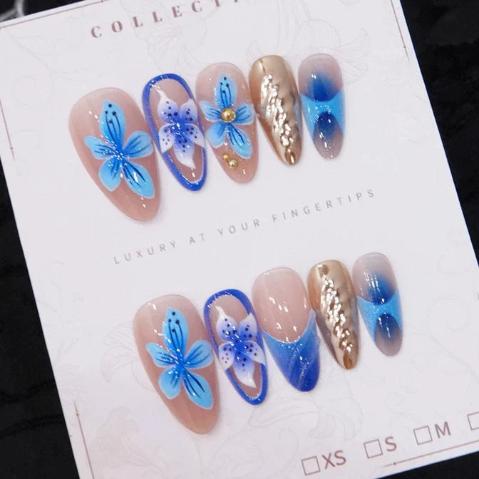 Press-On Nail Set Hand-Painted Floral Glue-Free 24-Piece Blue
