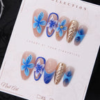 Press-On Nail Set Hand-Painted Floral Glue-Free 24-Piece Blue