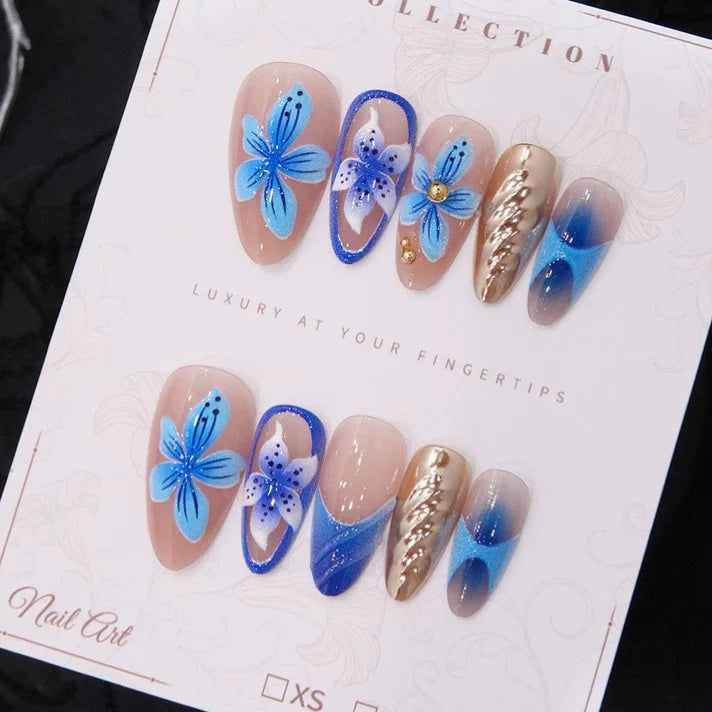 Press-On Nail Set Hand-Painted Floral Glue-Free 24-Piece Blue