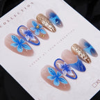 Press-On Nail Set Hand-Painted Floral Glue-Free 24-Piece Blue