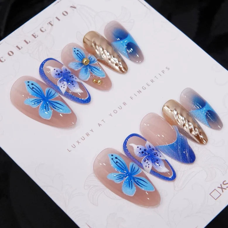 Press-On Nail Set Hand-Painted Floral Glue-Free 24-Piece Blue