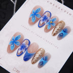 Press-On Nail Set Hand-Painted Floral Glue-Free 24-Piece Blue