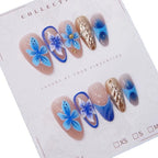 Press-On Nail Set Hand-Painted Floral Glue-Free 24-Piece Blue
