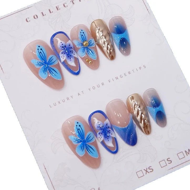 Press-On Nail Set Hand-Painted Floral Glue-Free 24-Piece Blue