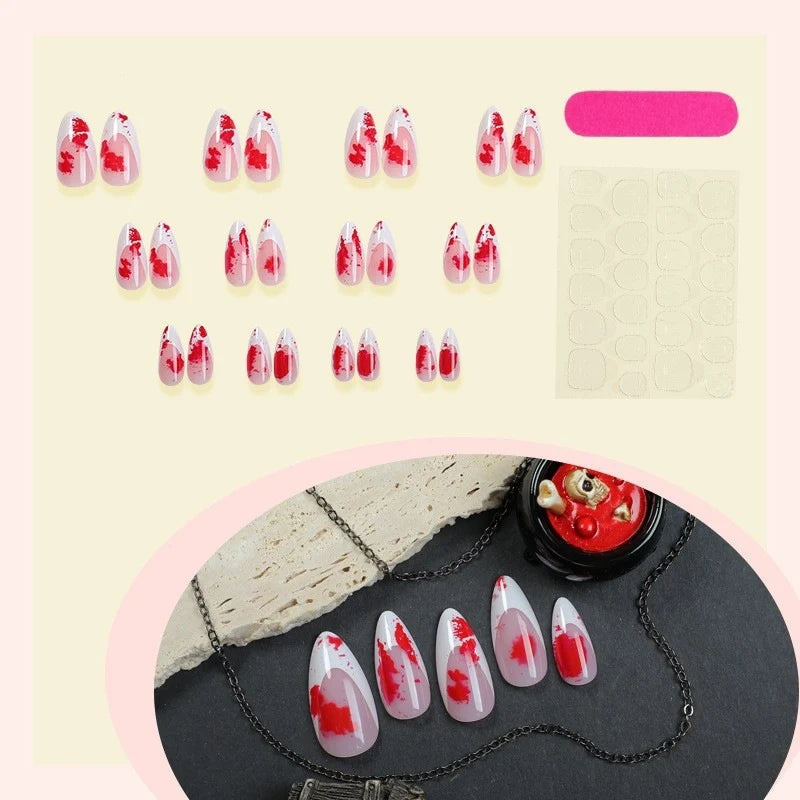 Press-On Nail Set Hand-Painted Floral Multiple Sizes & Sticker Kit