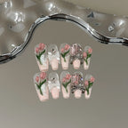 Press-On Nail Set Hand-Painted Floral No-Glue & Reusable