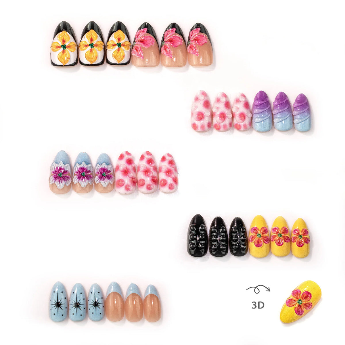 Press-On Nail Set Hand-Painted Floral No-Glue Reusable
