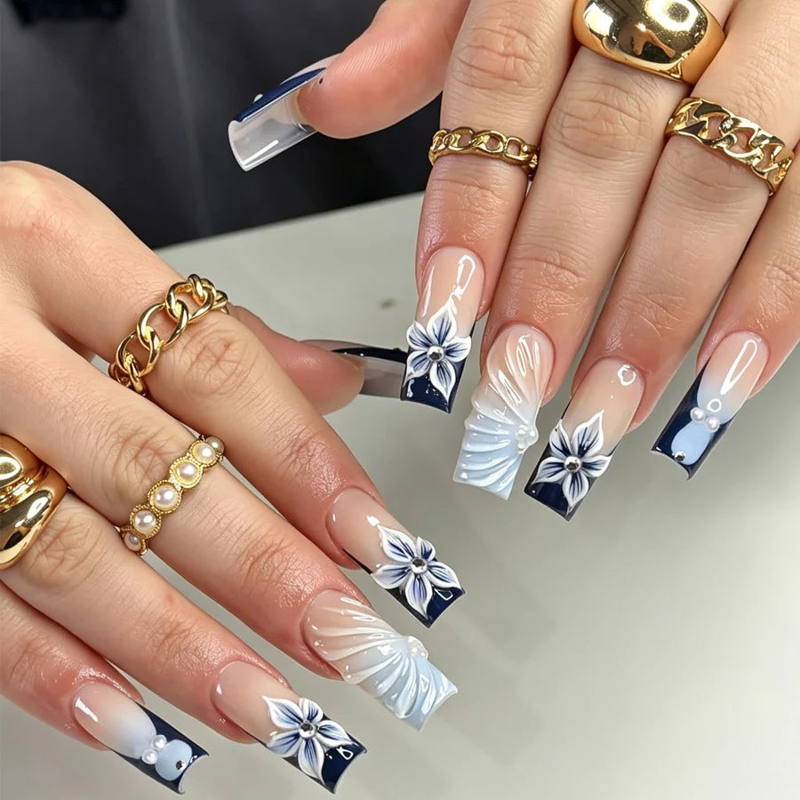 Press-On Nail Set Hand-Painted Floral Peel & Stick