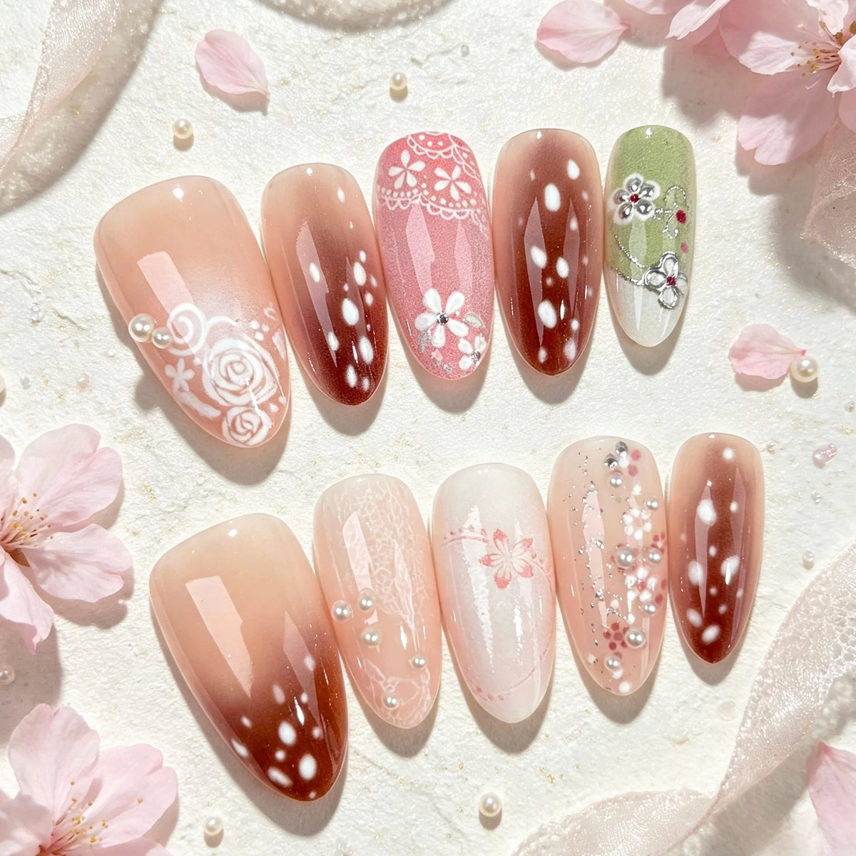 Press-On Nail Set Hand-Painted Floral Peel & Stick