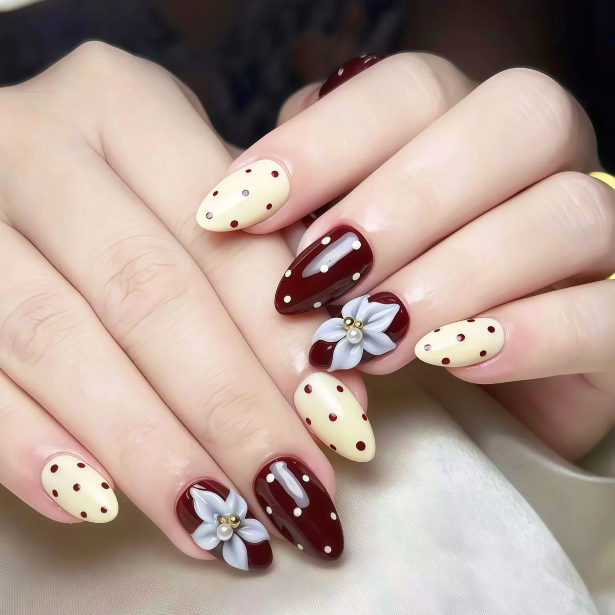 Press-On Nail Set Hand-Painted Floral & Polka Dot