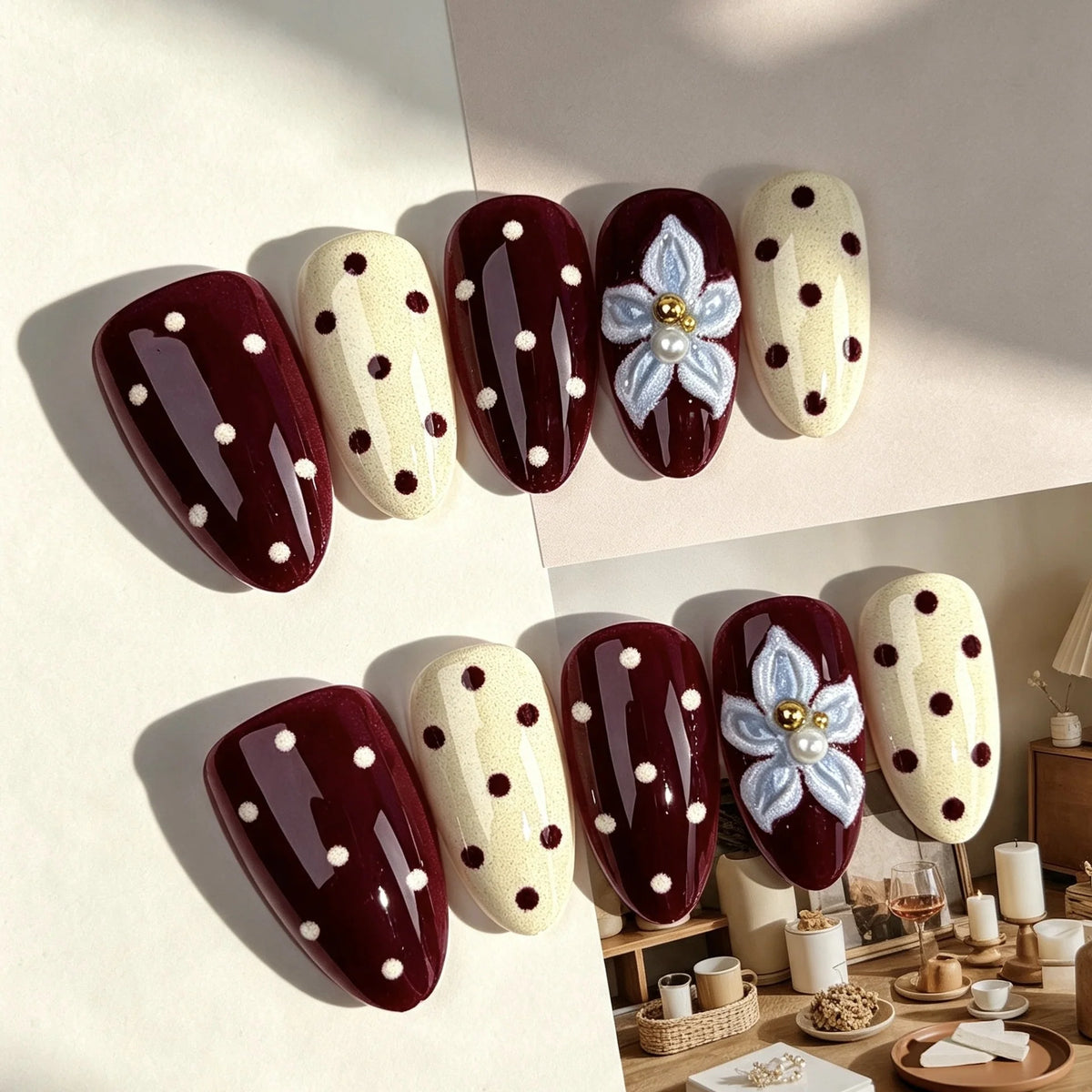 Press-On Nail Set Hand-Painted Floral & Polka Dot