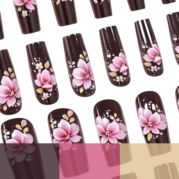 Press-On Nail Set Hand-Painted Floral Reusable 24-Piece
