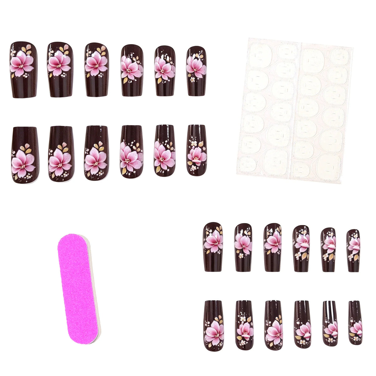 Press-On Nail Set Hand-Painted Floral Reusable 24-Piece