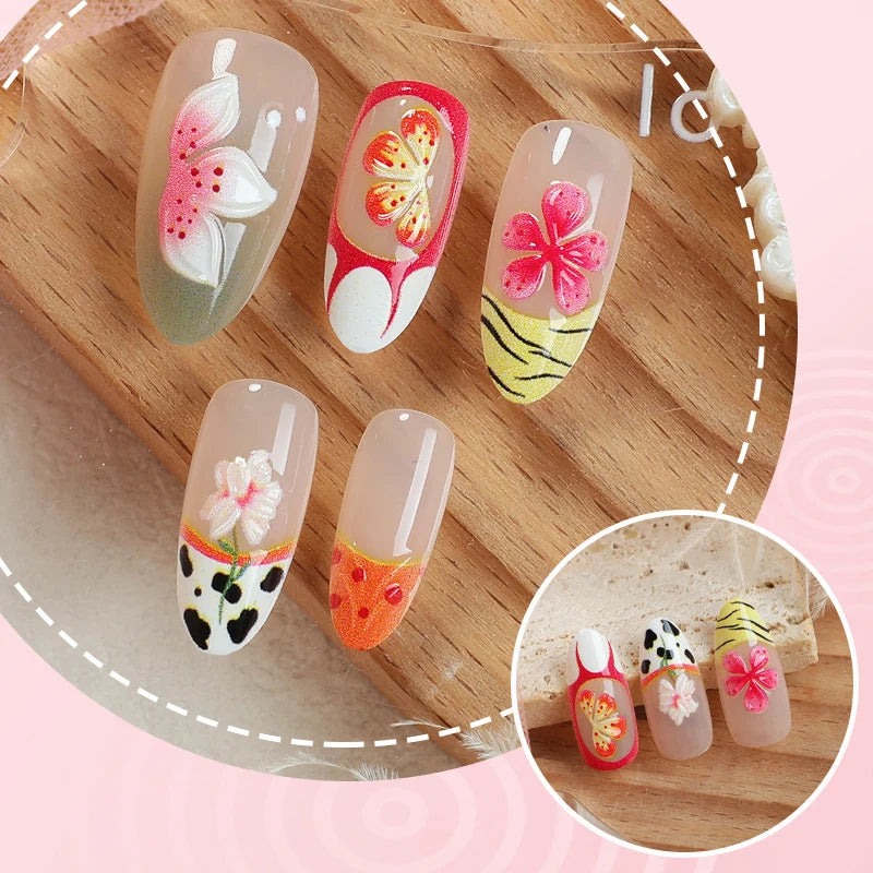 Press-On Nail Set Hand-Painted Floral Reusable & Durable