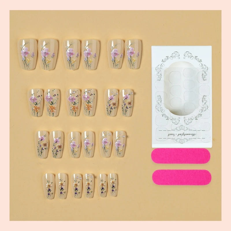 Press-On Nail Set Handcrafted Floral 24 Pieces
