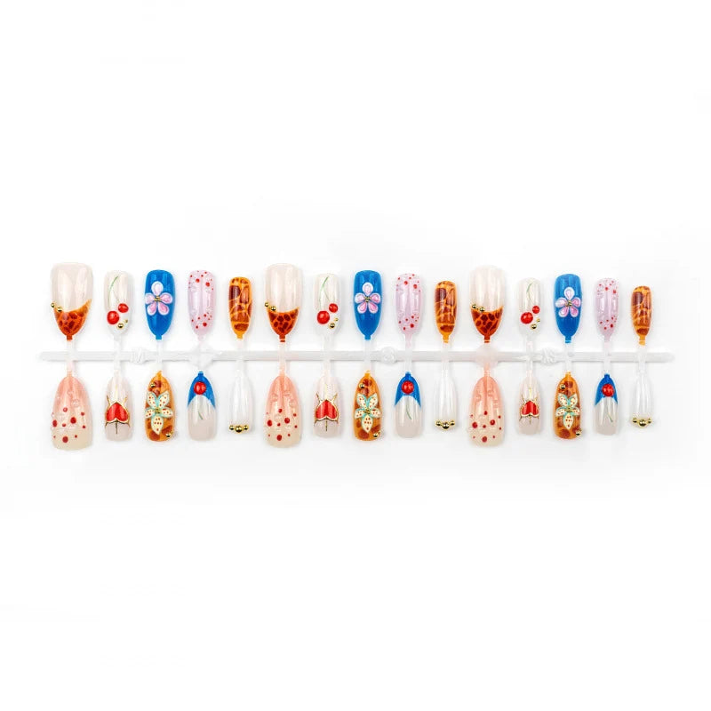Press-On Nail Set Handcrafted Floral & Fruit Peel-And-Stick