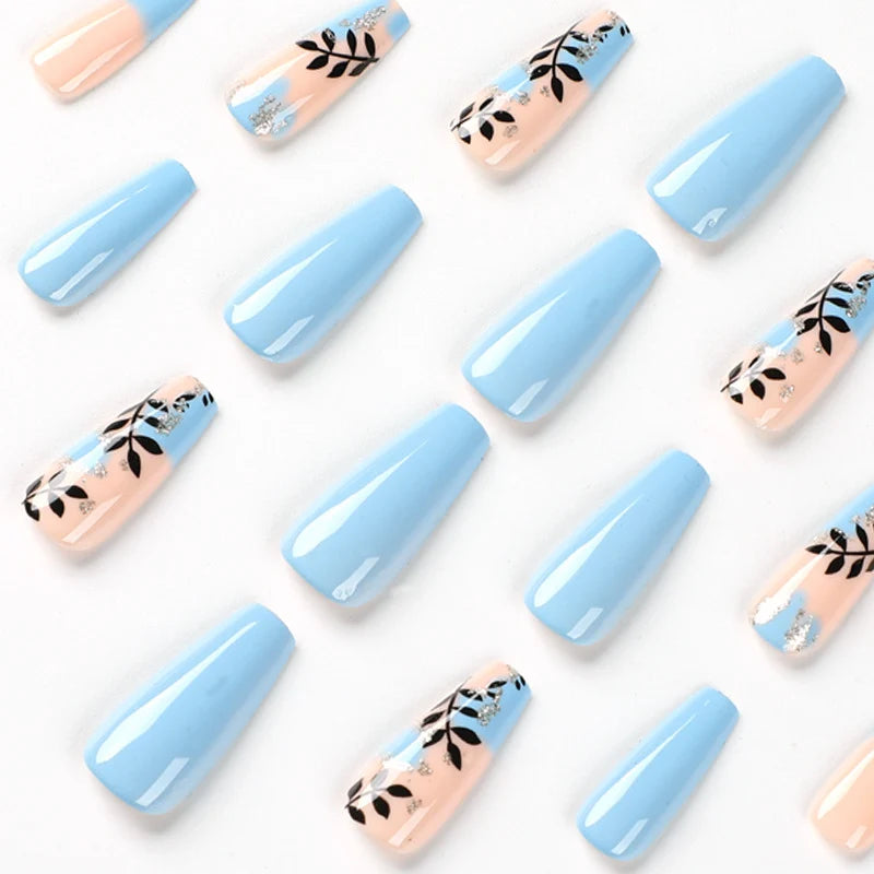 Press-On Nail Set Handcrafted Floral Glitter Accents