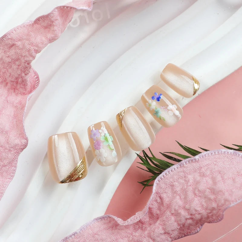 Press-On Nail Set Handcrafted Floral & Gold Accents
