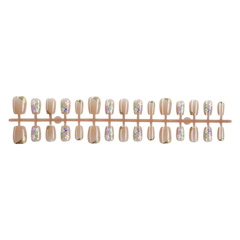 Press-On Nail Set Handcrafted Floral & Gold Accents