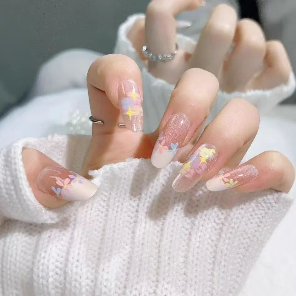 Press-On Nail Set Handcrafted Floral Long-Lasting Multiple Sizes